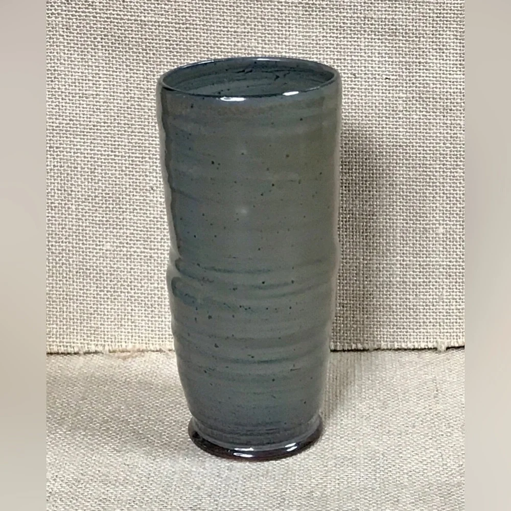 Olive Green Blue Cylinder Vase Art Pottery Cottage Goblin Core Boho Neutral
